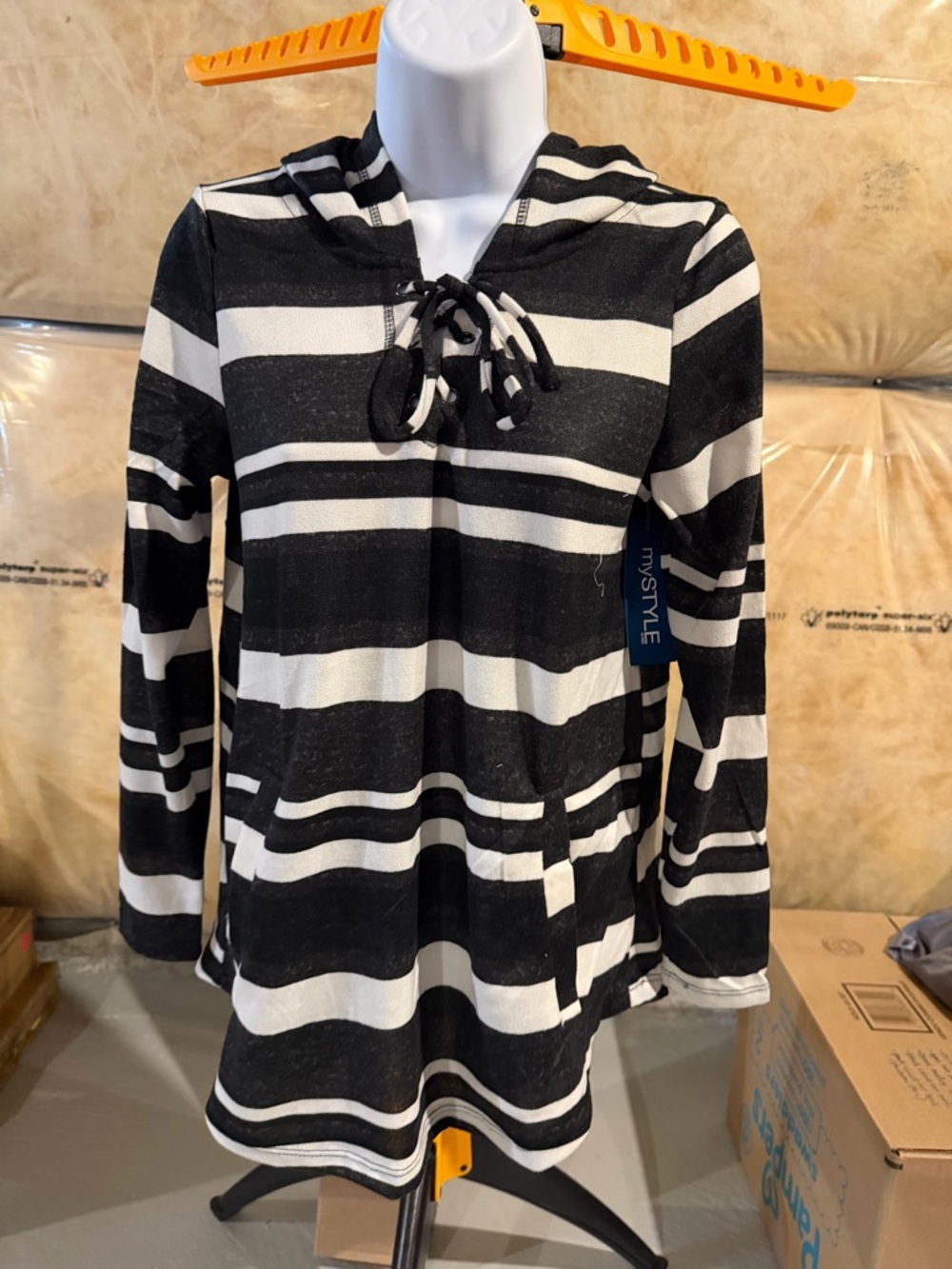 Black & White Striped Hooded Pullover with Front Pocket